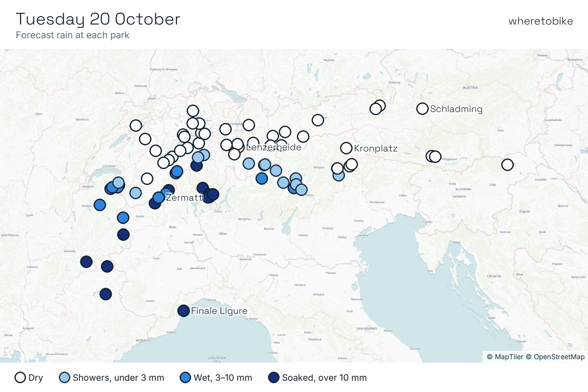 Tuesday: still dry in Austria and central Switzerland while heavy rain hits Ticino, Finale Ligure and the southern French Alps.