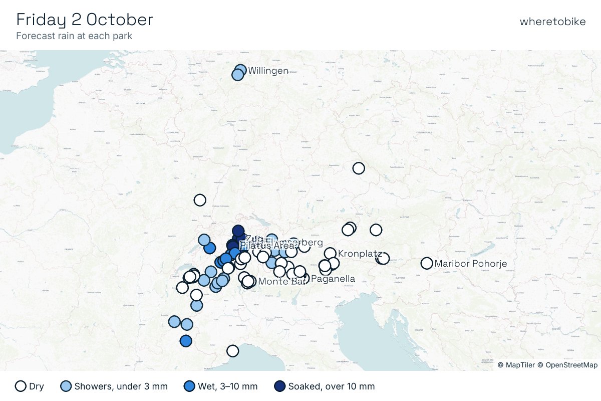 Friday: the heaviest rain sits over central and northern Switzerland, up to around 33 mm at Zug, as the west dries out.