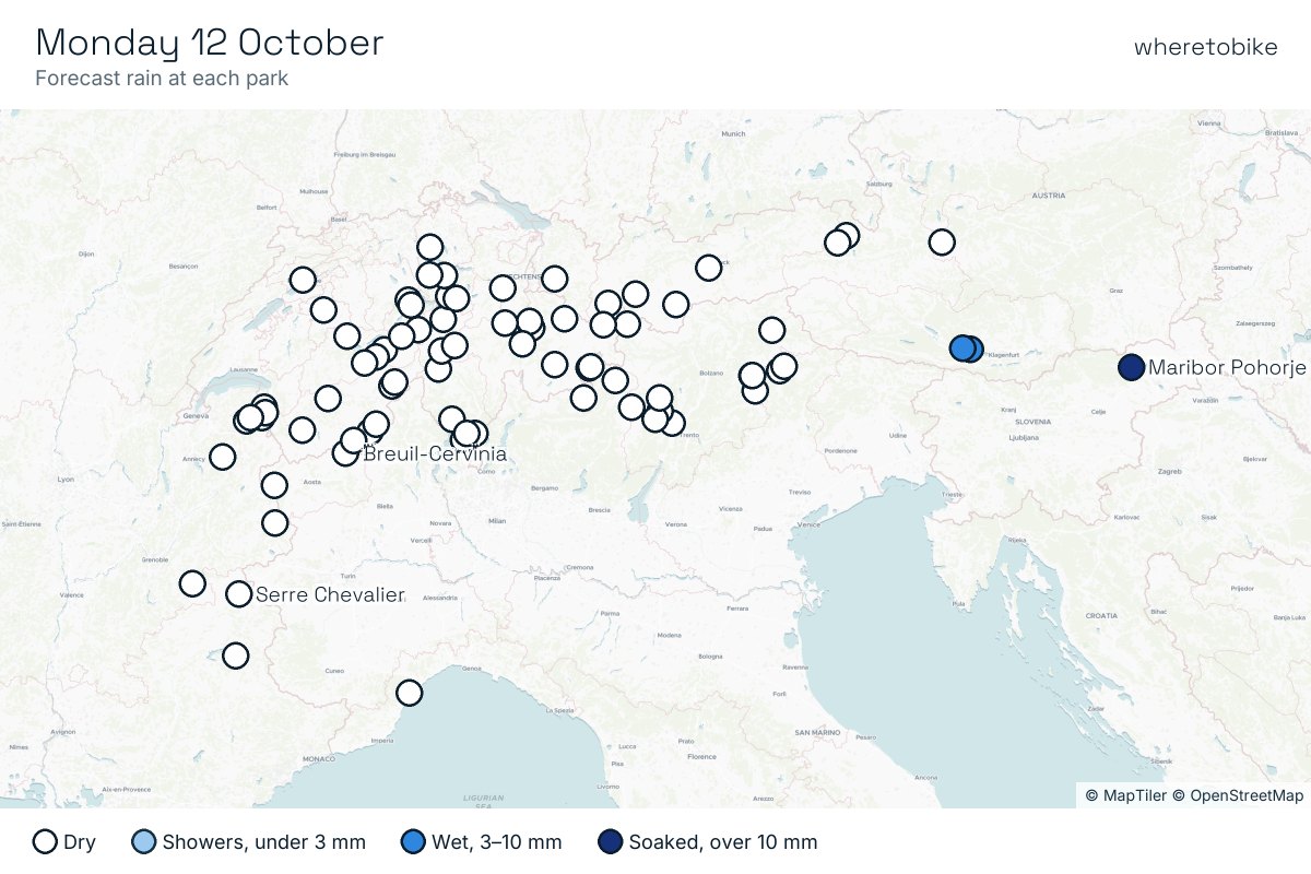 Monday dries out Germany while rain moves onto Carinthia and Slovenia, with around 14 mm at Maribor.