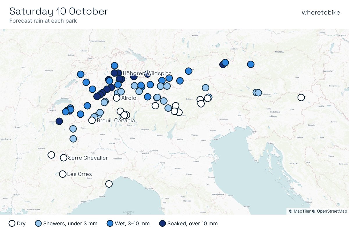 Saturday: heavy rain across central Switzerland, the northern French Alps and western Austria, dry in Ticino and Italy.