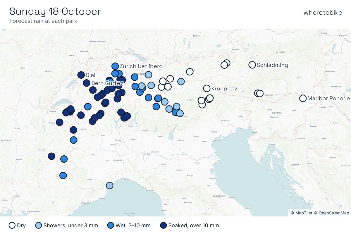 Sunday: heavy rain across Ticino, Switzerland and the French Alps, while eastern Austria, Slovenia and the Dolomites stay dry.