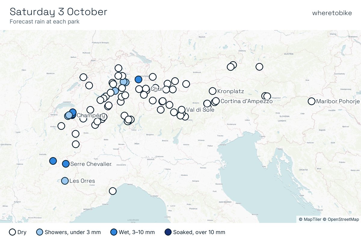 Saturday: dry across the Italian Alps, Ticino, Graubünden and Austria, with heavy rain of around 32 mm at Champéry.